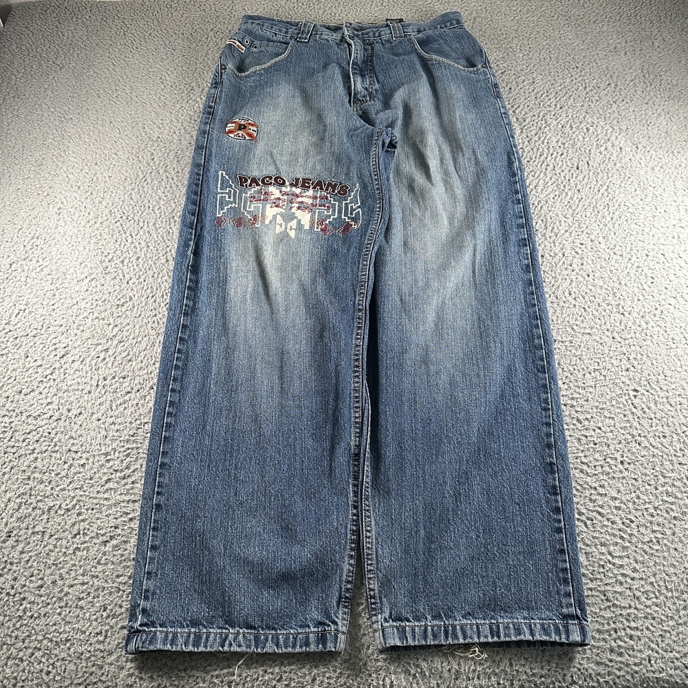 Vintage Paco Jeans Jeans Mens 33x32 Blue Wide Leg Embroidered Tribal Denim
